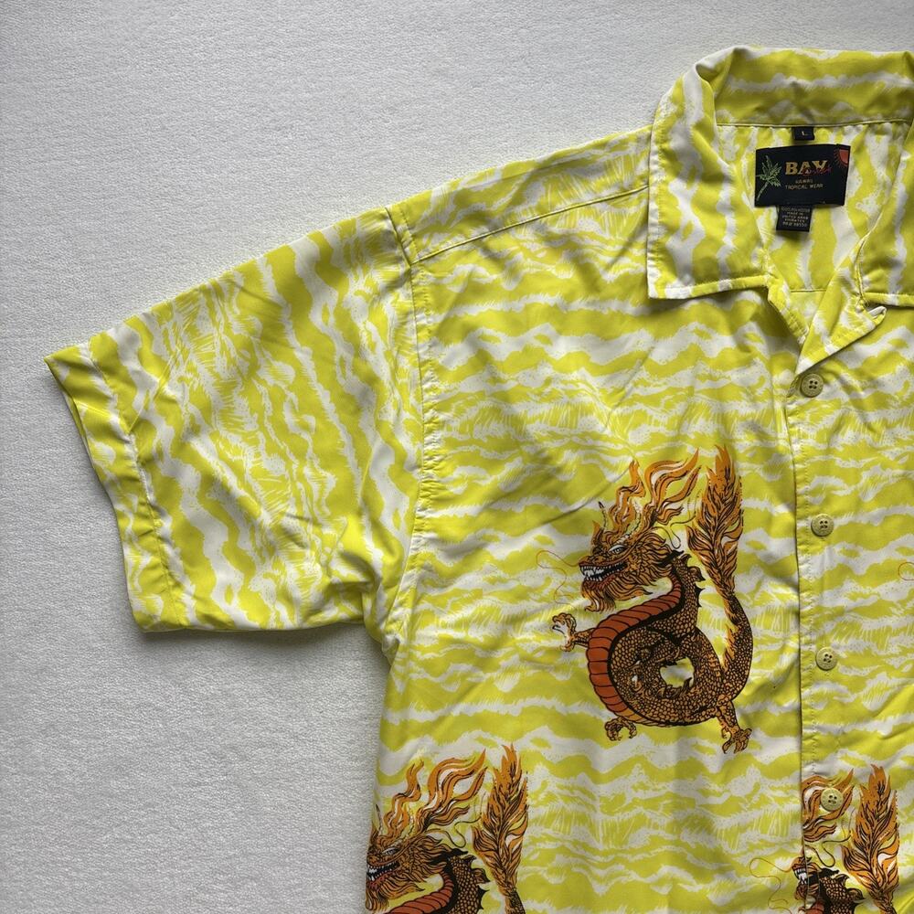 Bay Creek Dragon Print Shirt Mens Large Yellow Short Sleeve Tropical Button Up - Picture 3 of 16